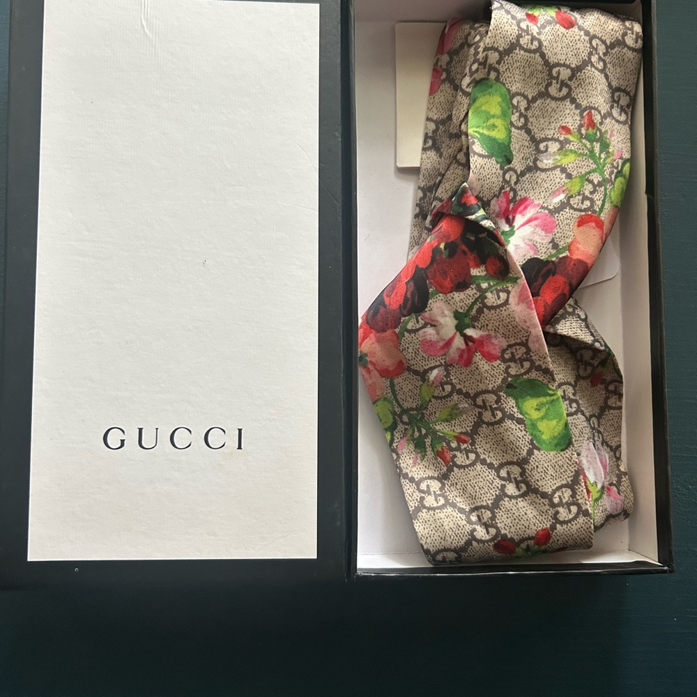 Gucci Beige Monogram Floral Silk Headband with Red & Green Accents